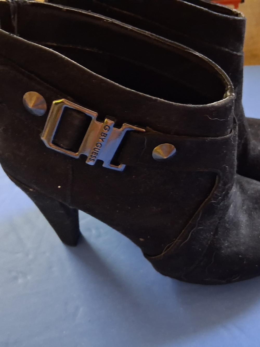 G by Guess Black Suede Buckle High-Heel Ankle Booties